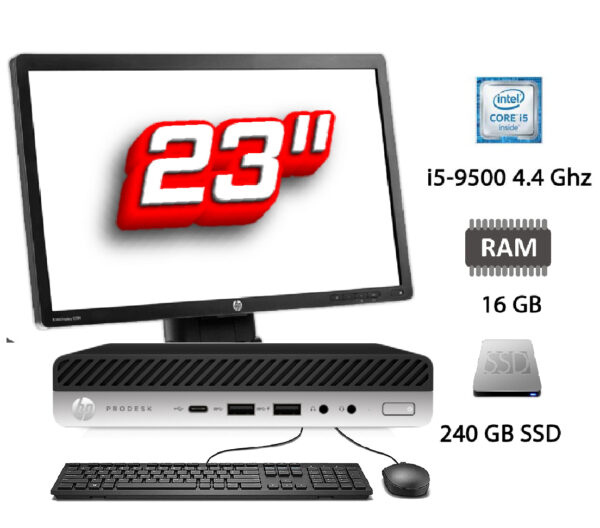 Pack PC + TFT: HP Elitedesk 800 G5 Mini Intel Core i5 9500T 2.7Ghz - 16Gb - 240 Gb SSD + TFT 23"