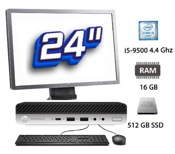 Pack PC + TFT: HP Elitedesk 800 G5 Mini Intel Core i5 9500T 2.7Ghz - 16Gb - 512 Gb SSD + TFT 24"
