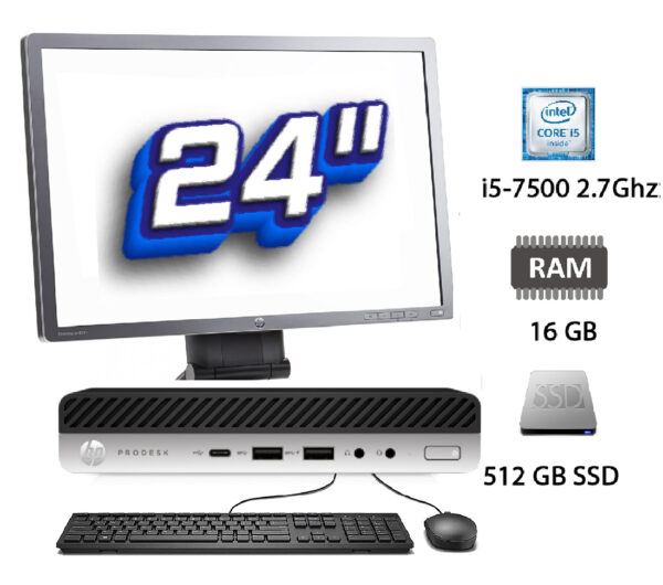 PC + Monitor de Segunda Mano: HP Prodesk 600 G3 Mini Intel Core i5 7500T 2.7Ghz - 16Gb - 512 Gb SSD + TFT 24"