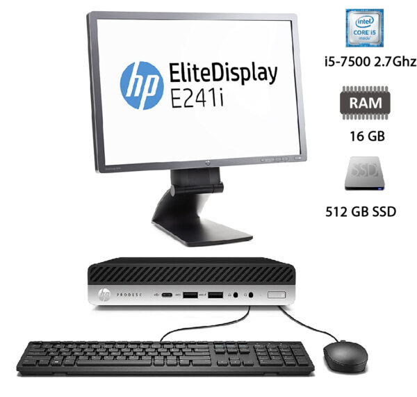Pack PC + TFT: HP Prodesk 600 G3 Mini Intel Core i5 7500T 2.7Ghz - 16Gb - 512 Gb SSD + TFT 24"
