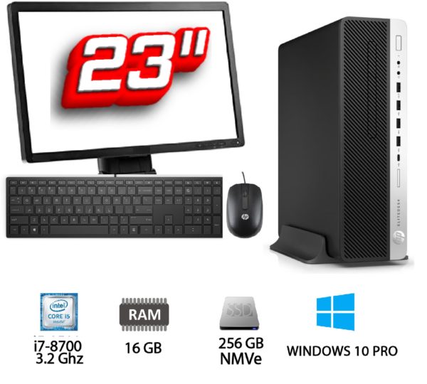 Pack PC + TFT: HP Elitedesk 800 G4 SFF Intel Core i7-8700 3.2 Ghz – 16 Gb – SSD 256 GB NMVe + 500 GB HDD + TFT 23"