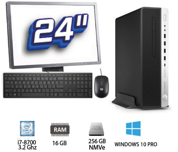 Pack PC + TFT: HP Elitedesk 800 G4 SFF Intel Core i7-8700 3.2 Ghz – 16 Gb – SSD 256 GB NMVe + 500 GB HDD + TFT 24"