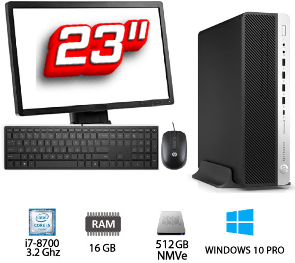 Pack PC + TFT: HP Elitedesk 800 G4 SFF Intel Core i7-8700 3.2 Ghz – 16 Gb – SSD 512 GB NMVe + 500 GB HDD + TFT 23"