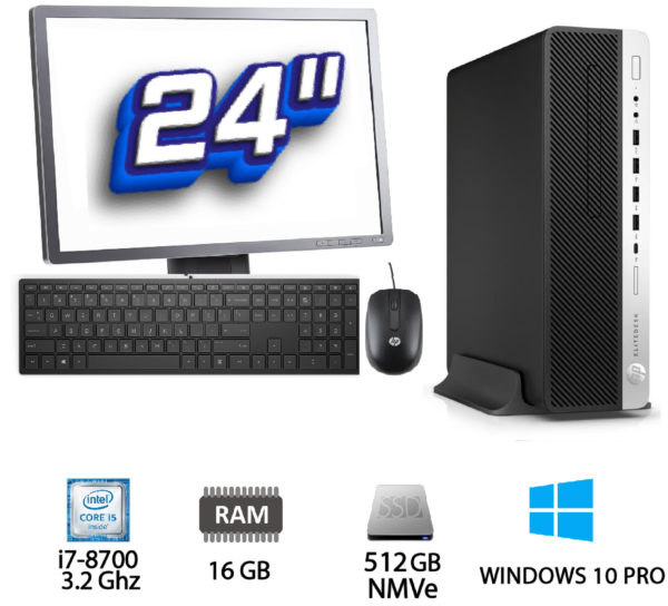 Pack PC + TFT: HP Elitedesk 800 G4 SFF Intel Core i7-8700 3.2 Ghz – 16 Gb – SSD 512 GB NMVe + 500 GB HDD + TFT 24"