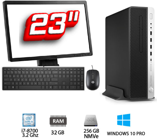 Pack PC + TFT: HP Elitedesk 800 G4 SFF Intel Core i7-8700 3.2 Ghz – 32 Gb – SSD 256 GB NMVe + 500 GB HDD + TFT 23"