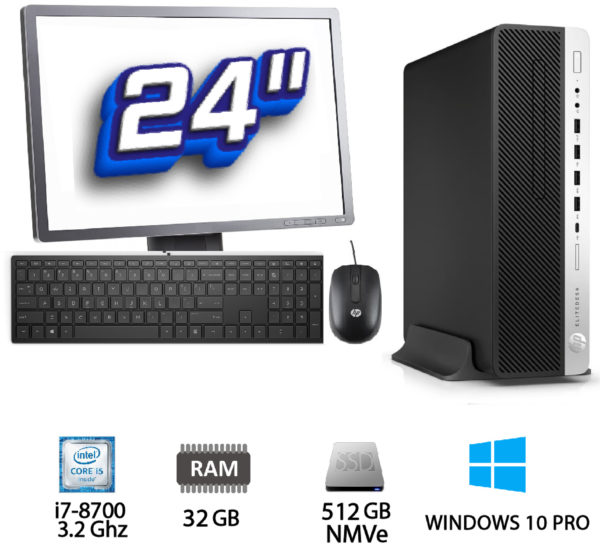 Pack PC + TFT: HP Elitedesk 800 G4 SFF Intel Core i7-8700 3.2 Ghz – 32 Gb – SSD 512 GB NMVe + 500 GB HDD + TFT 24"