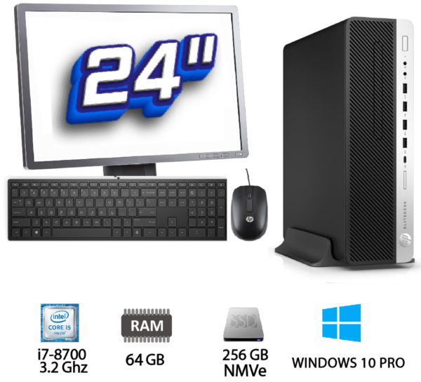 Pack PC + TFT: HP Elitedesk 800 G4 SFF Intel Core i7-8700 3.2 Ghz – 64 Gb – SSD 256 GB NMVe + 500 GB HDD + TFT 24"