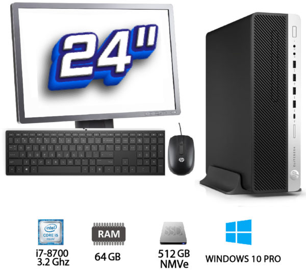 Pack PC + TFT: HP Elitedesk 800 G4 SFF Intel Core i7-8700 3.2 Ghz – 64 Gb – SSD 512 GB NMVe + 500 GB HDD + TFT 24"