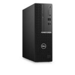 Vista frontal de una computadora de escritorio Dell OptiPlex 7090 de diseño compacto en color negro con el logotipo de Dell y puertos de acceso rápido.