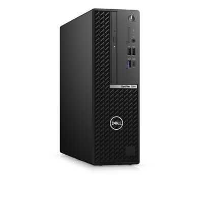 dell-optiplex-7090-sff-core-i5-10500-31-ghz-16gb Vista frontal de una computadora de escritorio Dell OptiPlex 7090 de diseño compacto en color negro con el logotipo de Dell y puertos de acceso rápido.