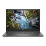 Estación de trabajo móvil Dell Precision 7760 de 17,3 pulgadas con pantalla encendida mostrando el logotipo de Dell, vista frontal sobre un fondo gris claro."