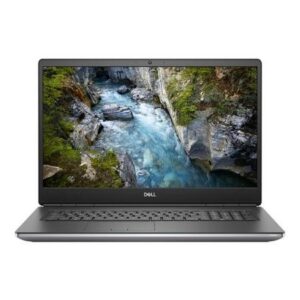 Estación de trabajo móvil Dell Precision 7760 de 17,3 pulgadas con pantalla encendida mostrando el logotipo de Dell, vista frontal sobre un fondo gris claro."