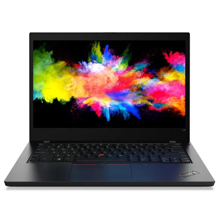 Laptop Lenovo ThinkPad L14 Gen 2 abierta sobre un fondo neutro, mostrando su pantalla de 14 pulgadas y su clásico teclado negro con el TrackPoint rojo.