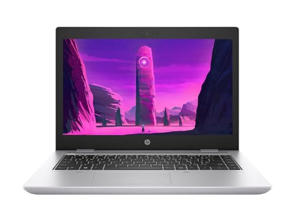 Vista frontal del portátil HP ProBook 640 G5 abierto, mostrando su pantalla de 14 pulgadas, teclado negro con chasis de color plata