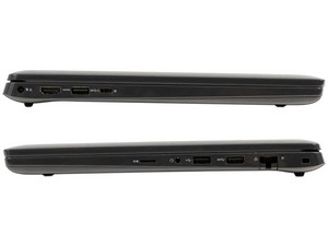 Vista de los laterales de un portátil Dell Latitude 3420 con etiquetas que señalan sus puertos de conexión, incluyendo USB Tipo C, HDMI, puertos USB Tipo A, puerto de red RJ-45 y lector de tarjetas MicroSD.